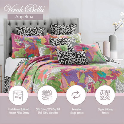 Colorful bedding set with floral and animal print patterns on a bed, featuring the brand 'Virah Bella'.
