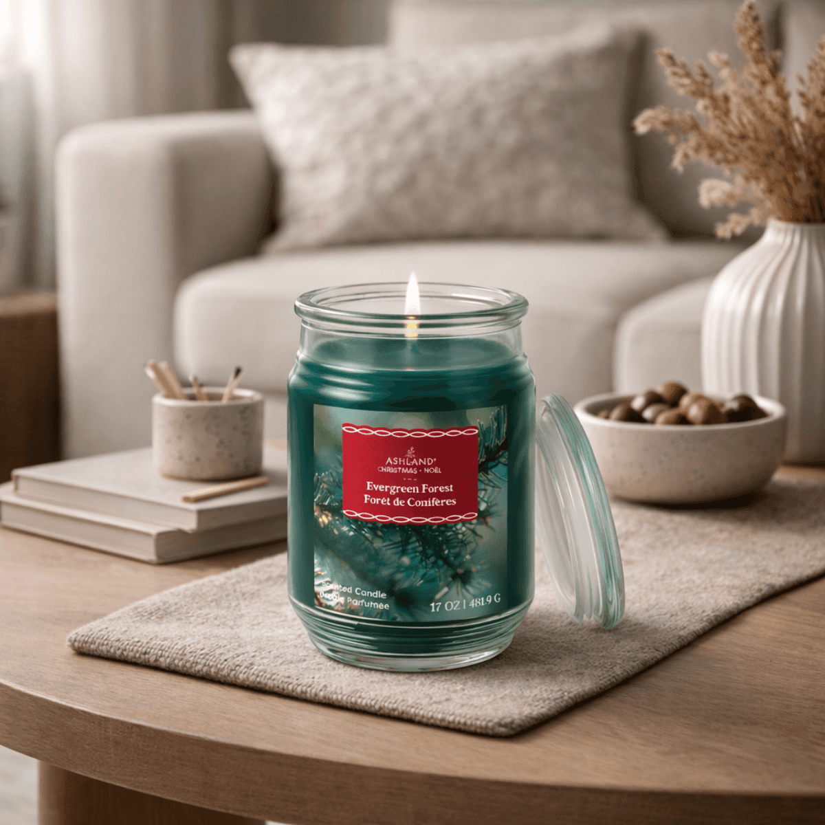 Candle in a glass jar labeled 'Evergreen Forest' on a wooden table with a cozy living room background.