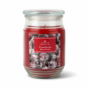 Glass candle jar with a red label featuring Ashland brand 'Frosted Berries' on a white background