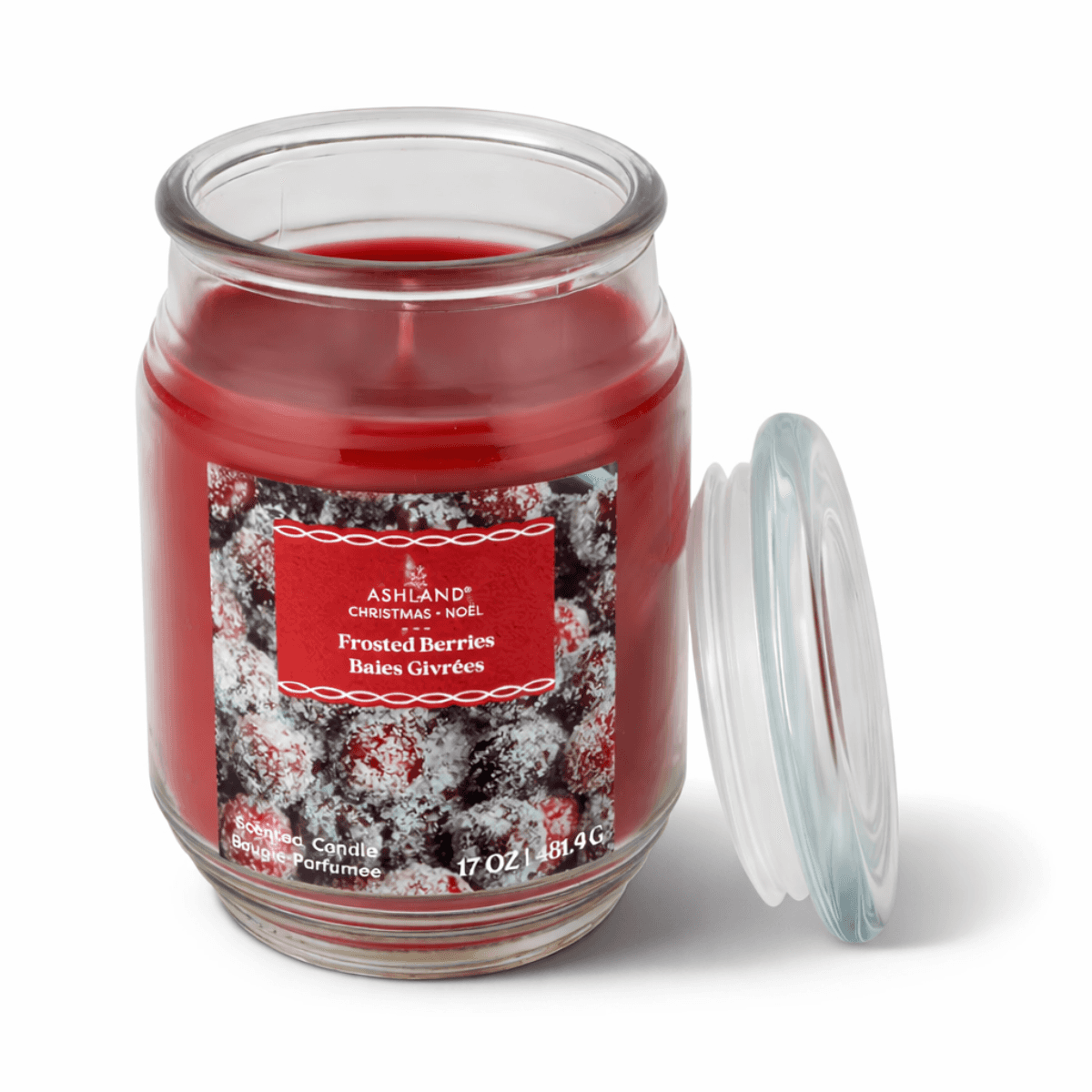 Red candle jar with 'Ashland' label featuring frosted berries design on a white background