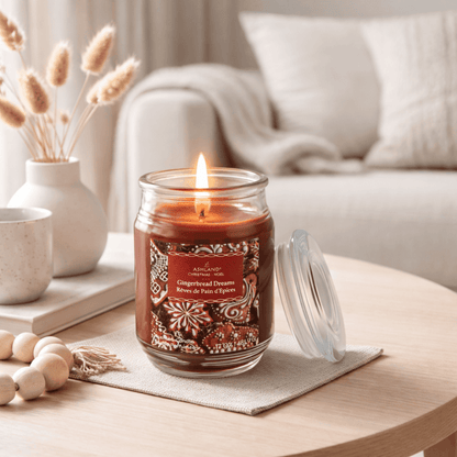 A lit candle in a decorative jar labeled 'Gingerbread Dreams' on a table with a cozy living room background
