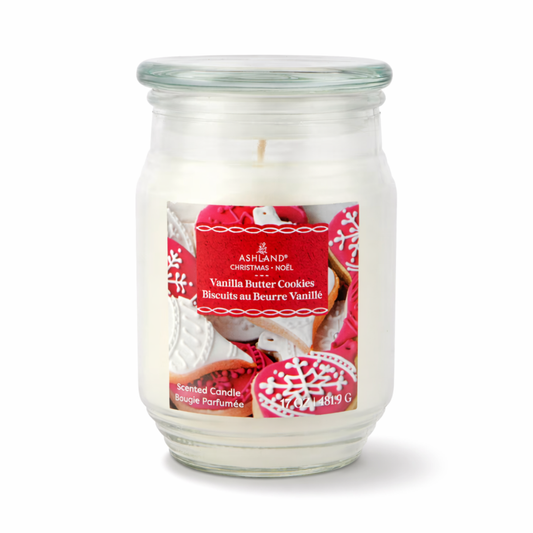Jar candle labeled 'Vanilla Butter Cookies' by Ashland on a white background