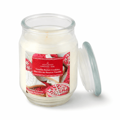 Open Vanilla Butter Cookies scented candle in glass jar on table