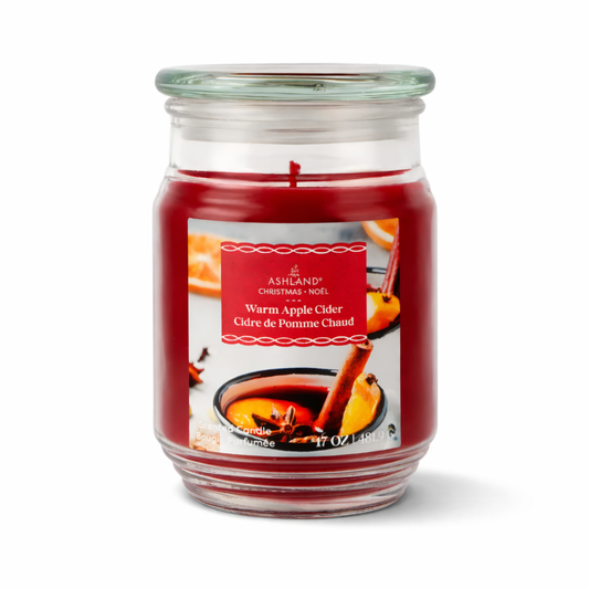 Jar candle labeled 'Warm Apple Cider' featuring an image of apple cider and cinnamon sticks on a white background.