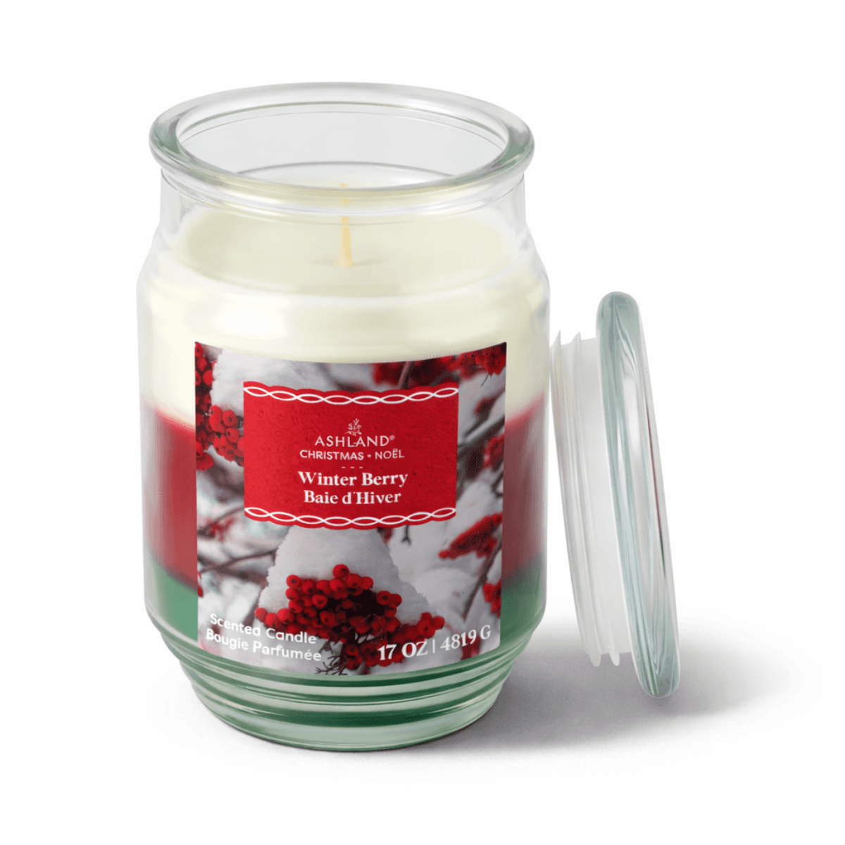 Jar candle with a 'Winter Berry' label on a white background