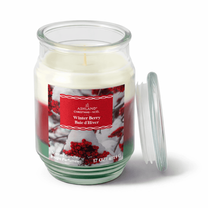 Jar candle with a 'Winter Berry' label on a white background