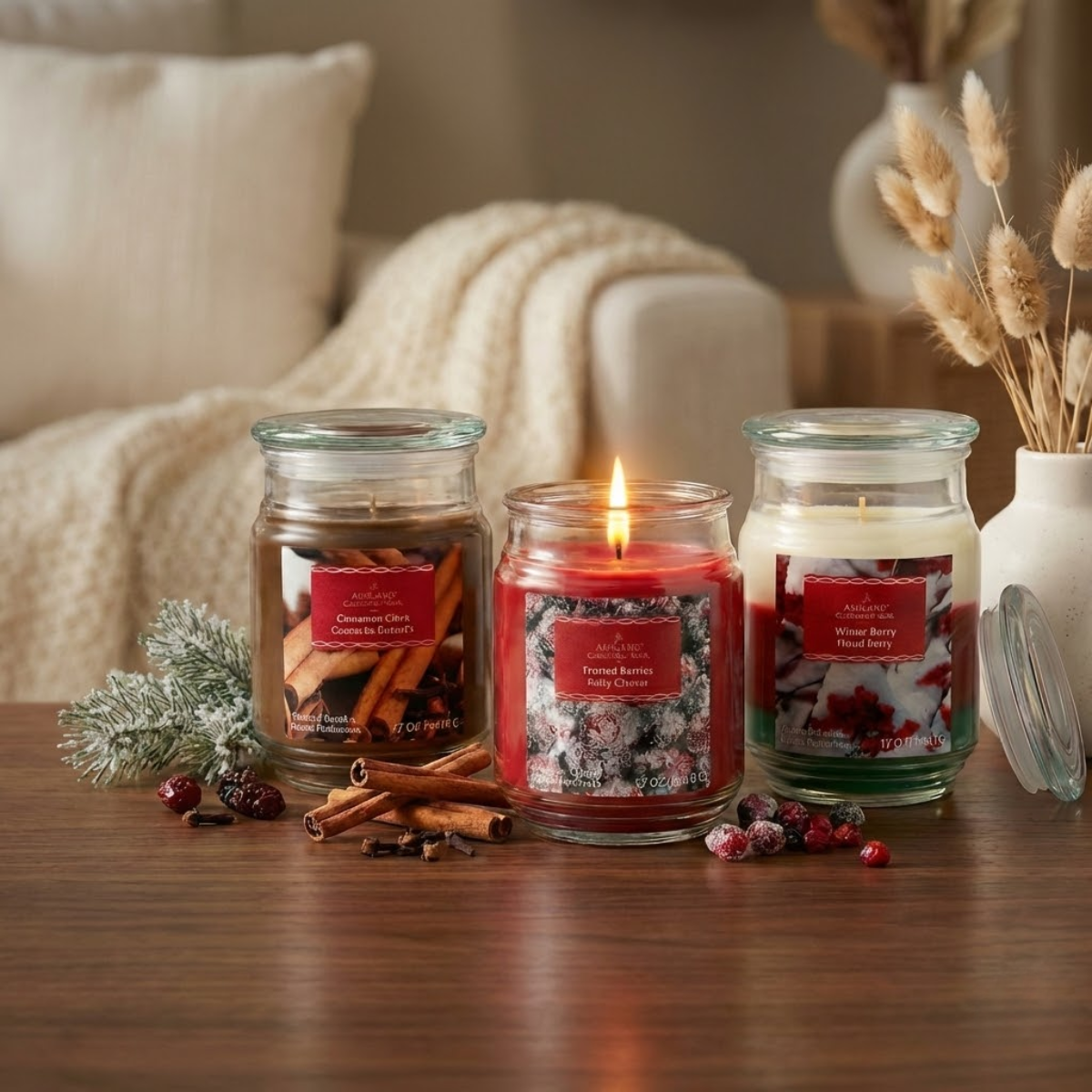 Three scented candles from Ashland on a wooden surface with decorative elements.