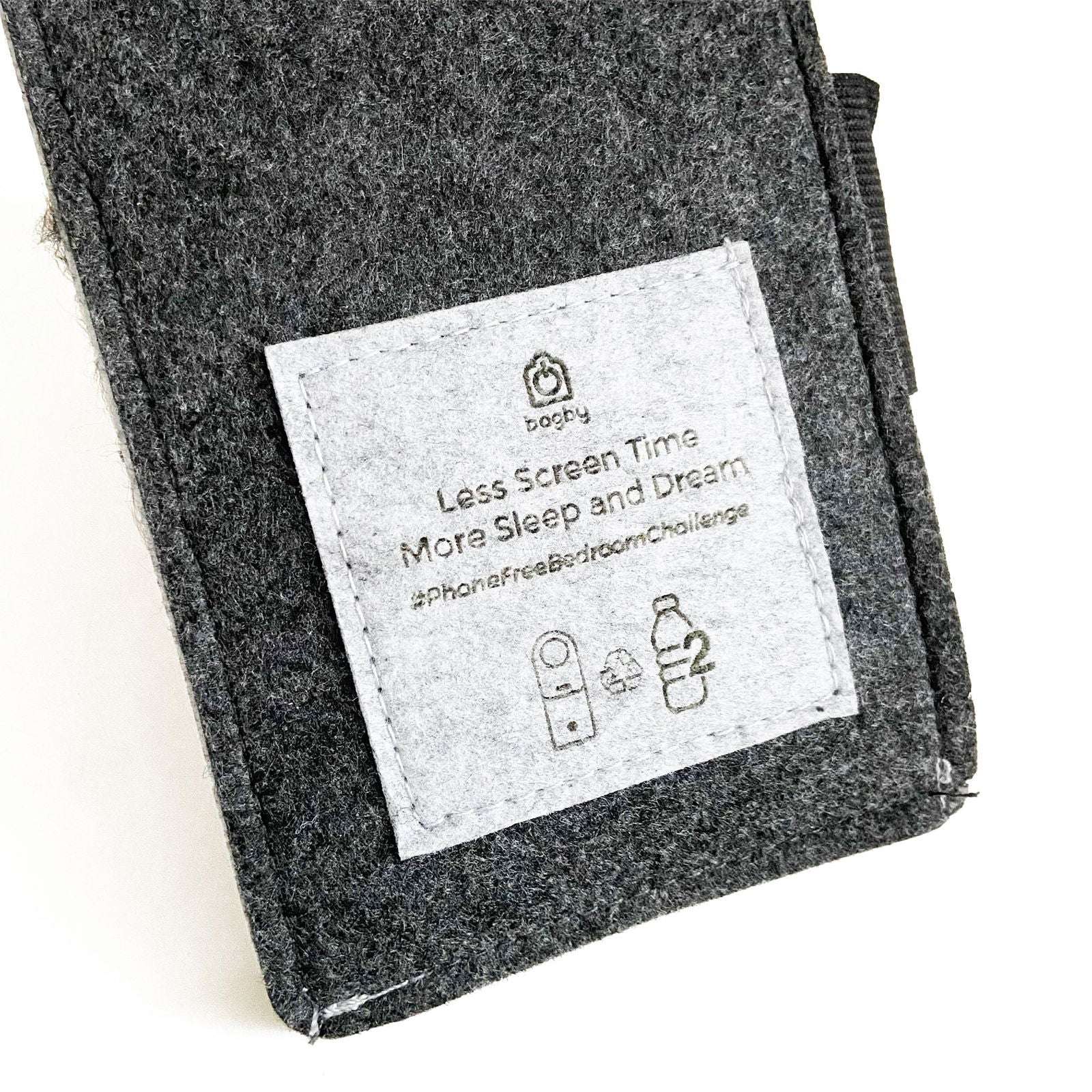Black felt phone holder with label