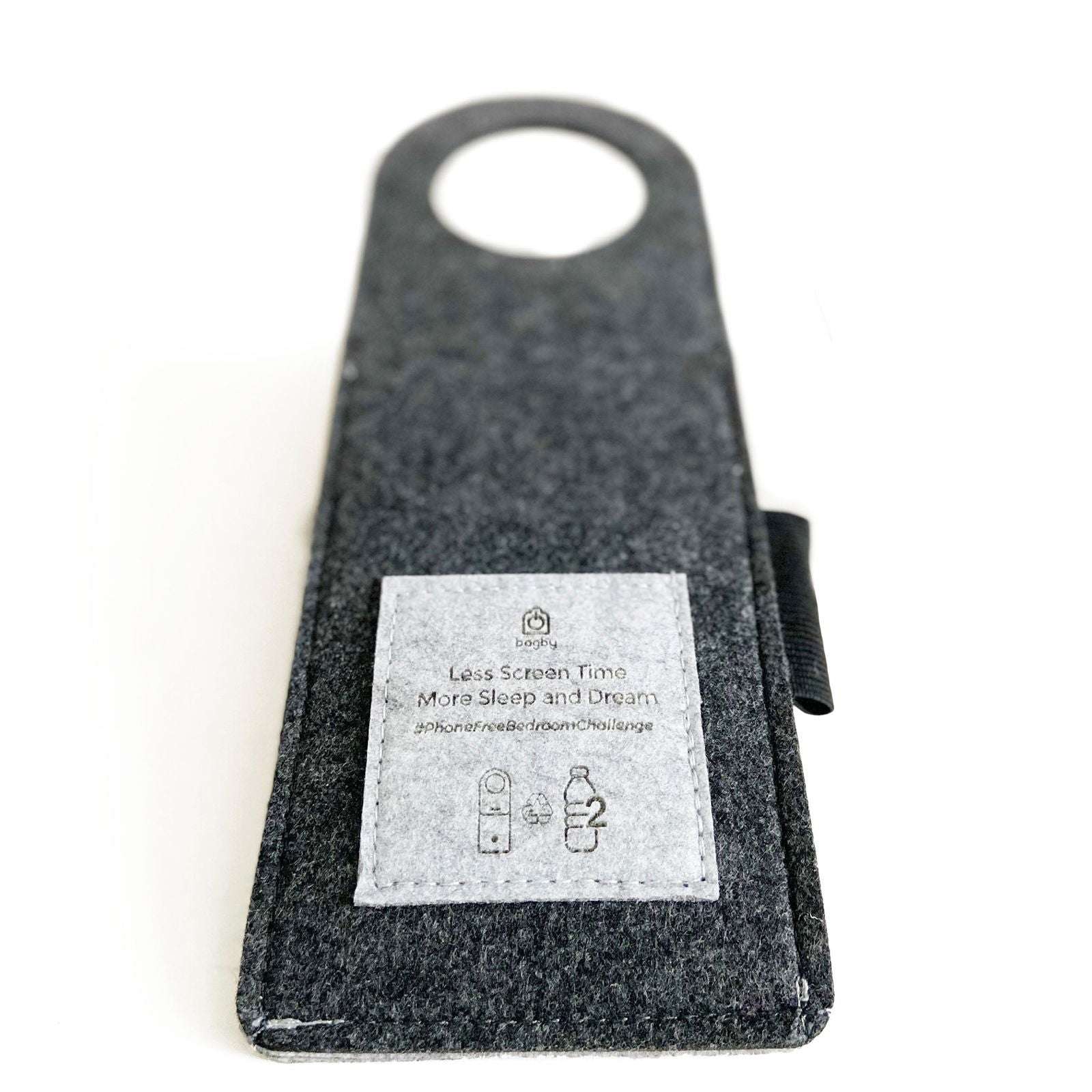 Black felt phone holder with logo tag