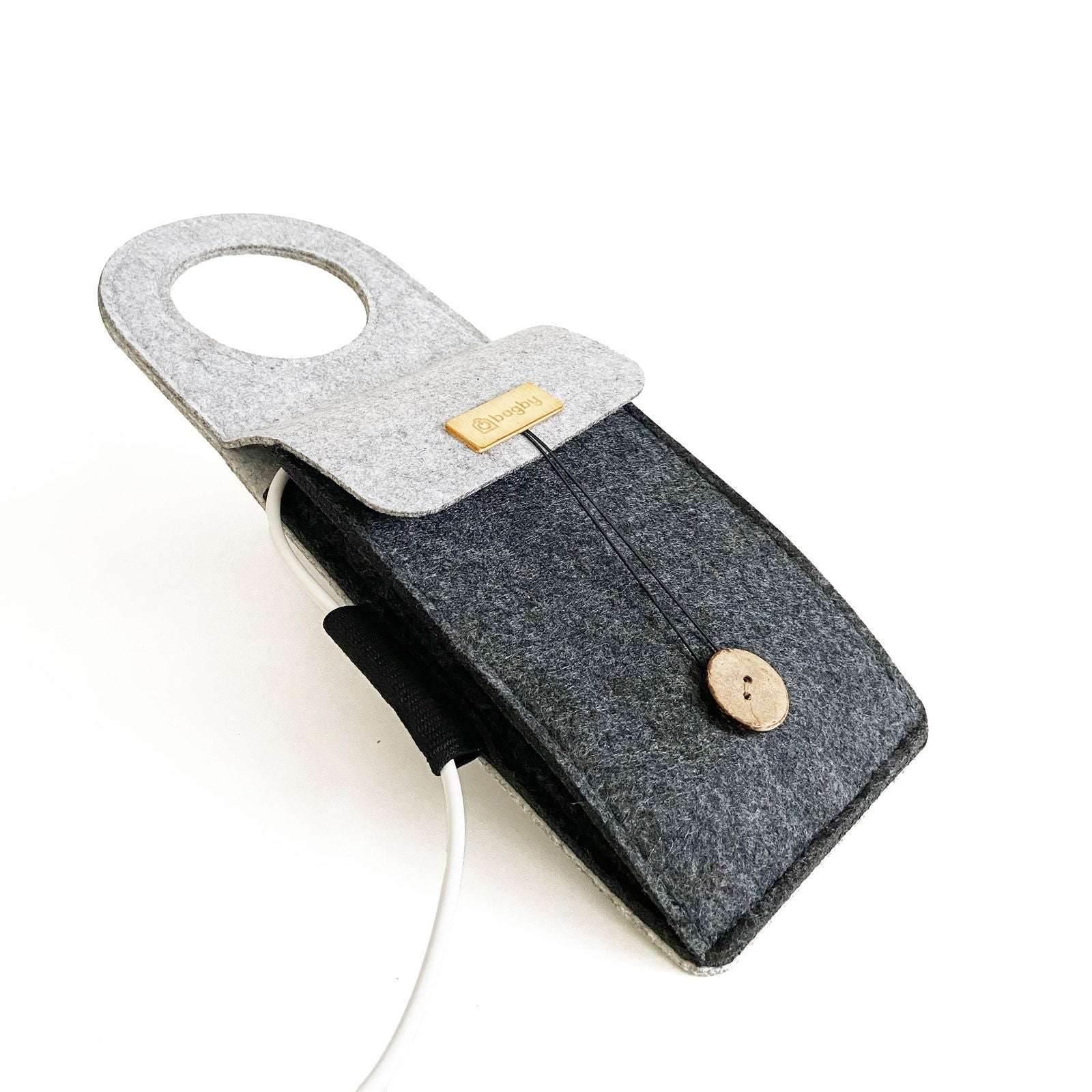 Felt phone holder with logo tag and black strap