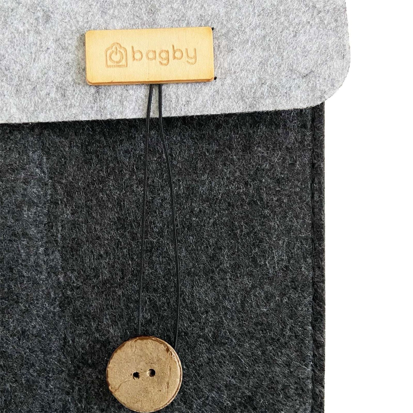 Felt phone holder with logo tag and wooden button