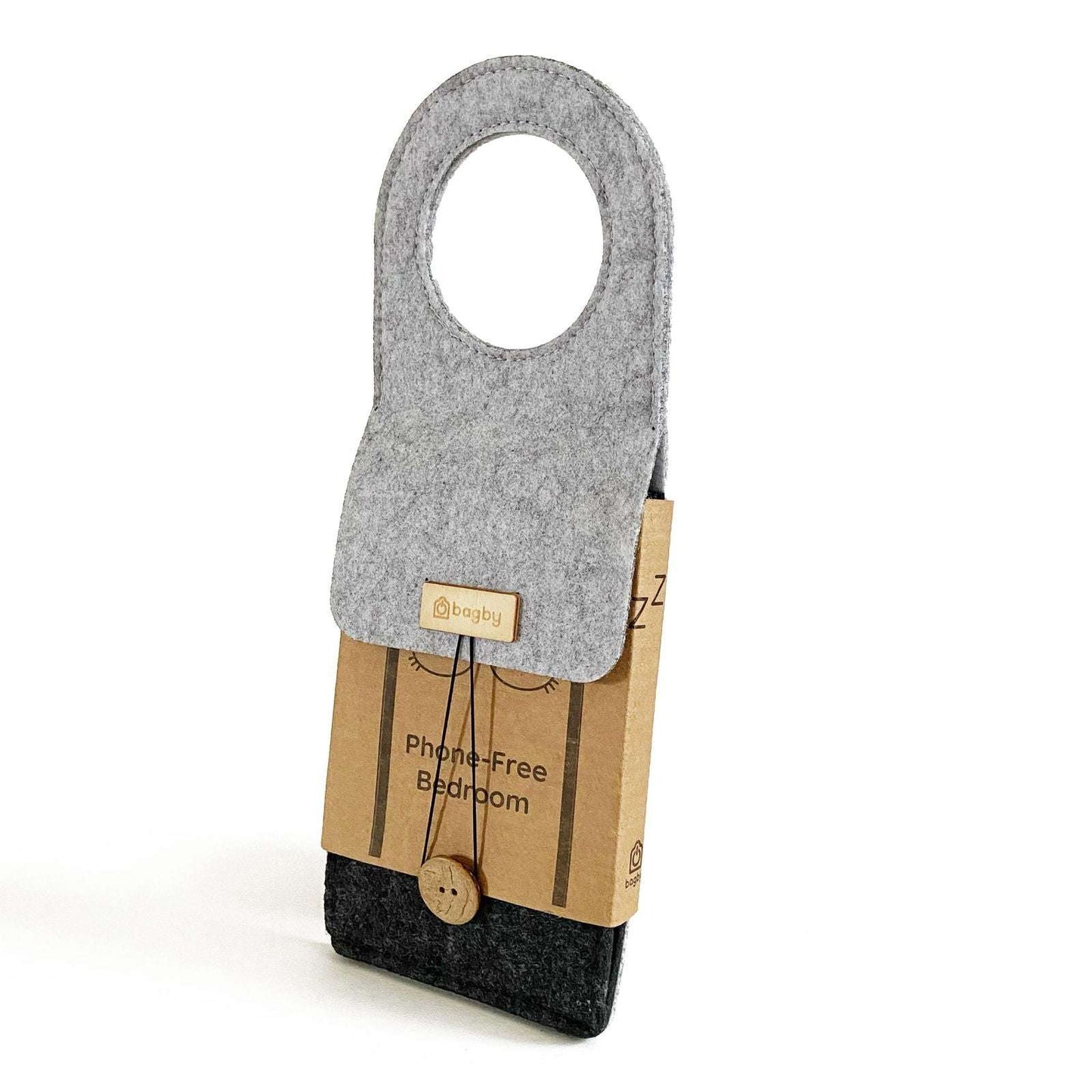 Felt phone holder with logo tag on cardboard packaging