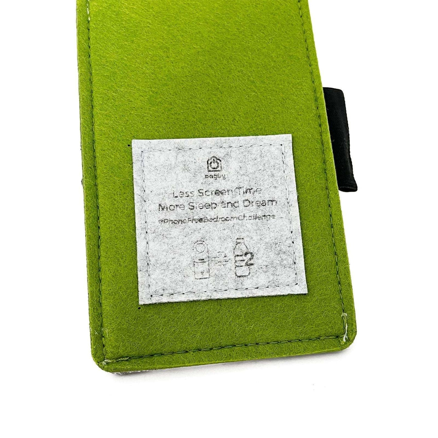 Close-up of green phone holder with label for mobile phone case