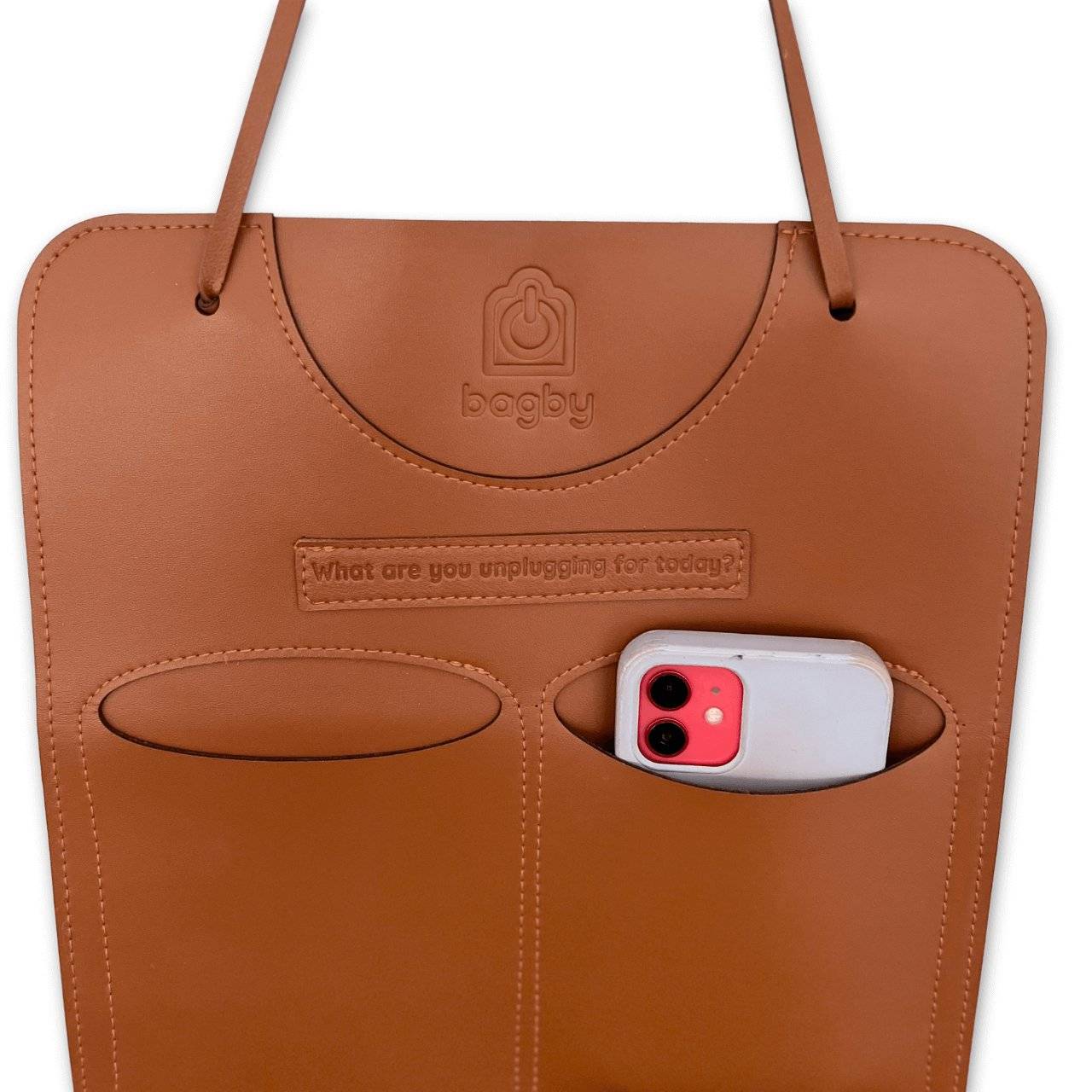 Brown leather bag with a phone pocket on a white background