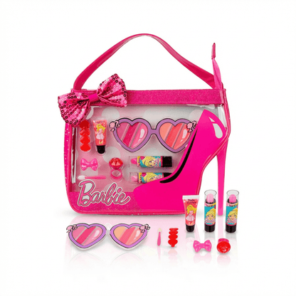 Barbie makeup set with cosmetic bag, kids pretend play toy for girls