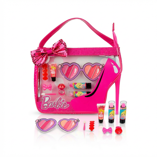 Barbie Makeup Set with Cosmetic Bag for Girls featuring lip gloss, eye shadow, and heart-shaped sunglasses in a pink high heel-shaped case.