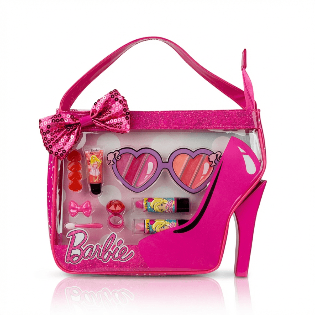Barbie high heel shoe themed pretend makeup set in pink bag for girls