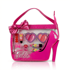 Barbie high heel shoe themed pretend makeup set in pink bag for girls
