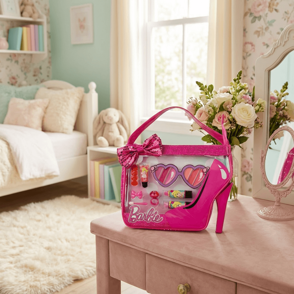 Pink Barbie role play makeup kit with sunglasses, lip gloss, and accessories