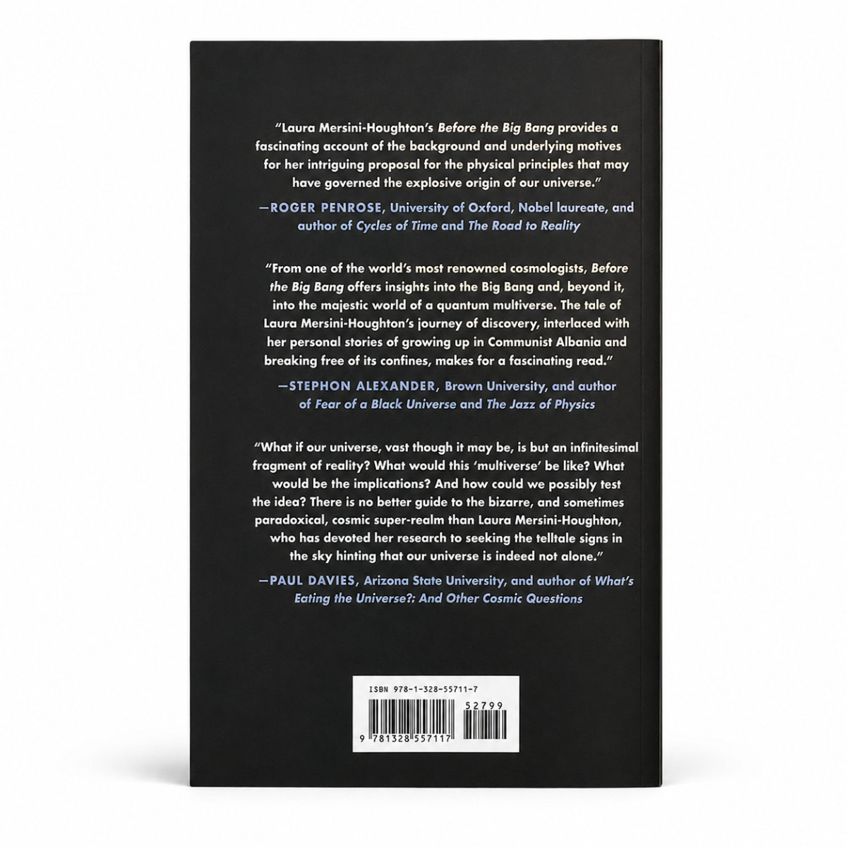 Hardcover book in black with back-cover quotes and ISBN barcode, Mariner Books Before the Big Bang by Laura Mersini-Houghton