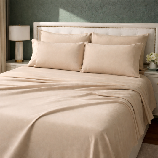Regal Comfort California King Sheet Set 1600 Series in beige on a neatly made bed with four matching pillowcases, ideal for luxury home bedding.