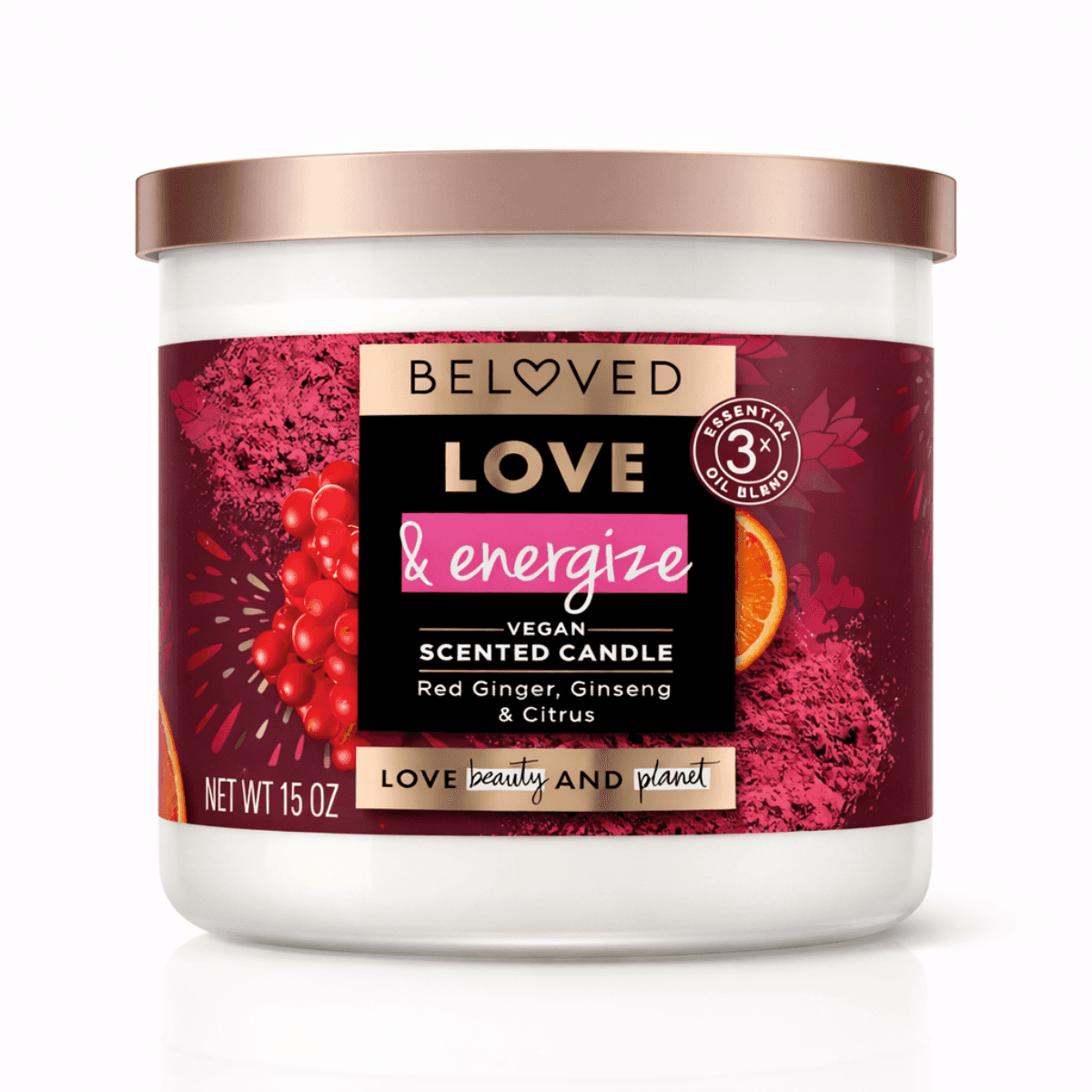 Vegan scented candle with red ginger, citrus, and ginseng in a jar with rose gold lid
