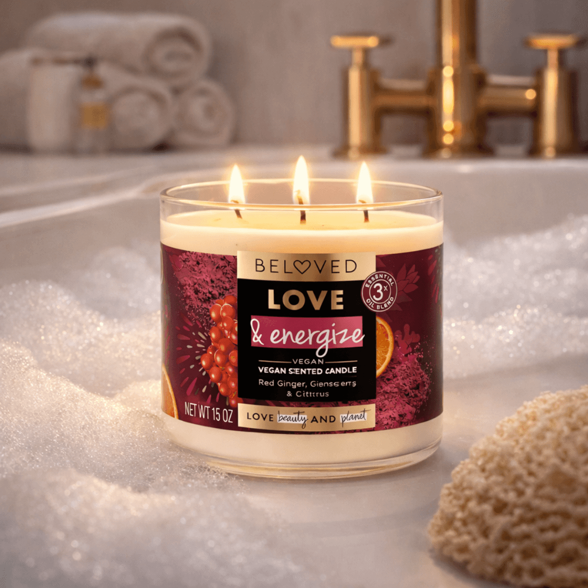 Lit candle on a bathroom counter with bubbles, towels, and gold fixtures