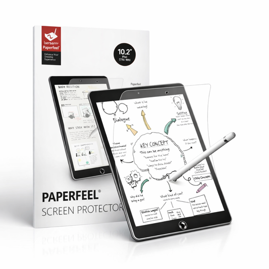Paperfeel screen protector packaging with a tablet displaying a diagram on a white background