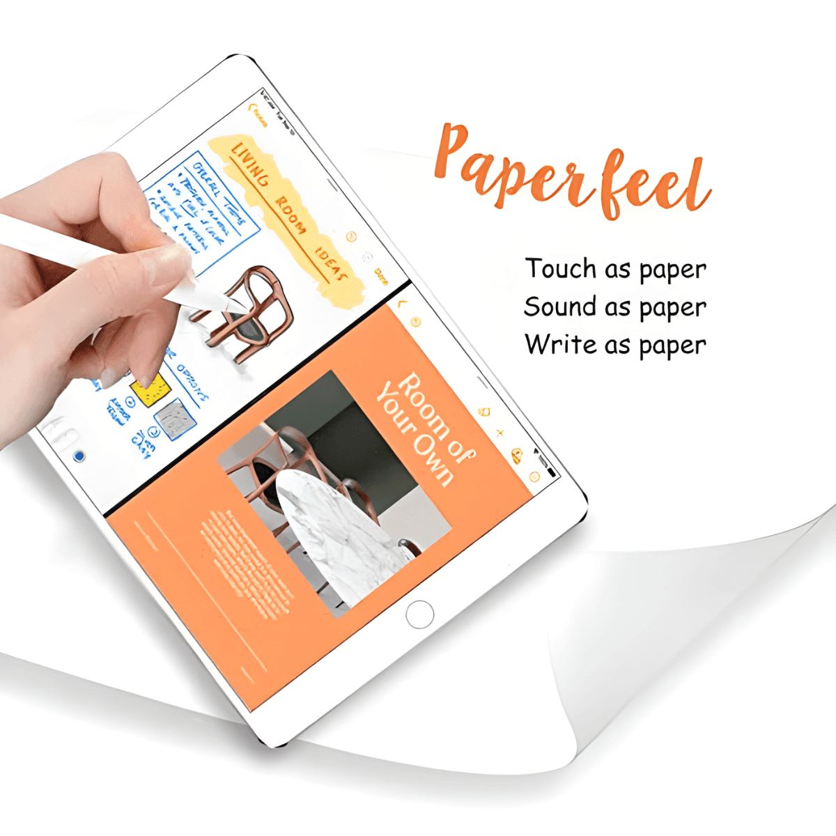 Digital tablet displaying a design app with 'Paperfeel' branding and text.