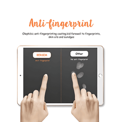 Tablet with anti-fingerprint coating showing before and after fingerprint comparison.