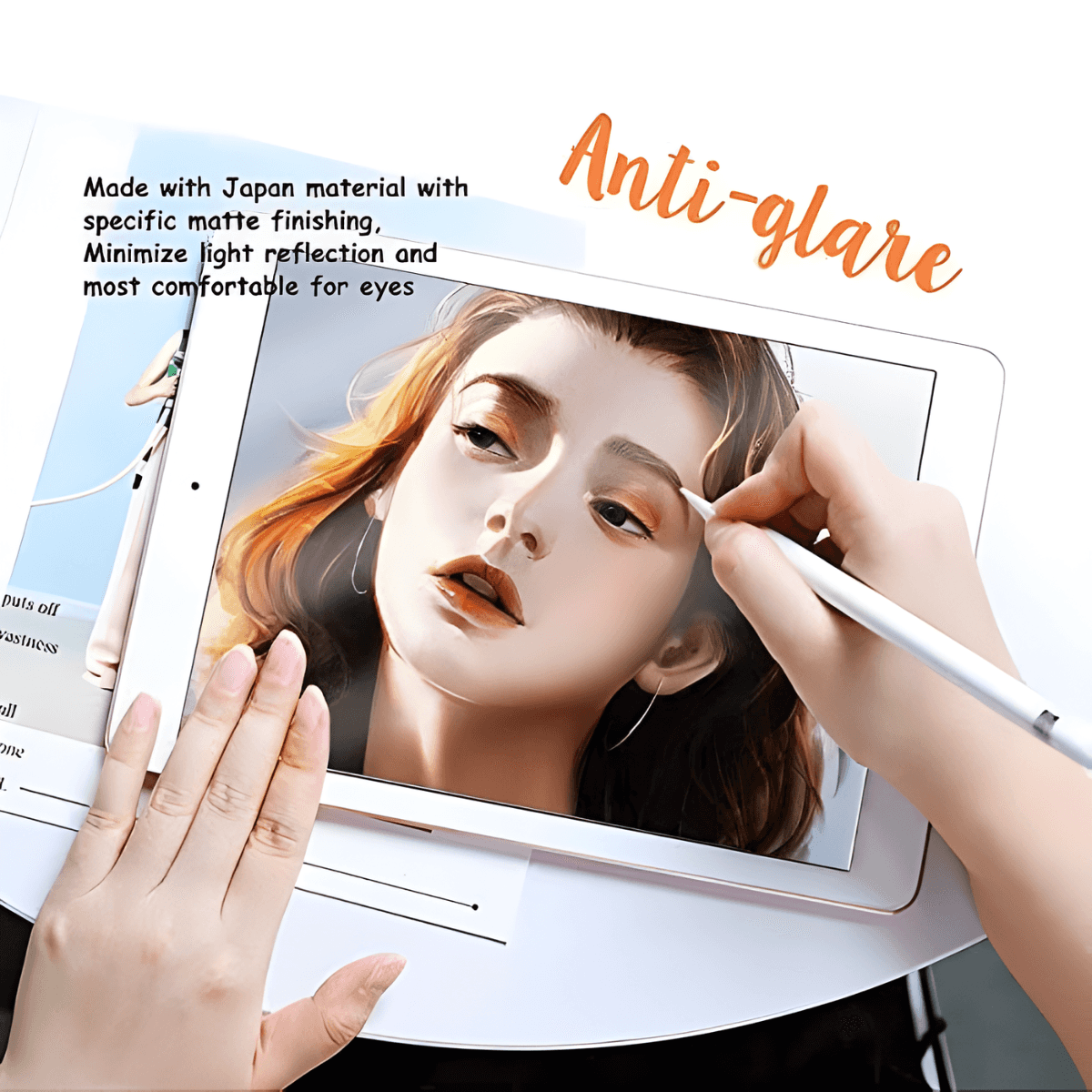 Person holding a tablet with a protective screen over a magazine, with text about anti-glare material.