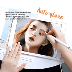 Person holding a tablet with a protective screen over a magazine, with text about anti-glare material.
