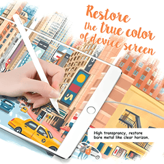 Person holding a tablet with a colorful cityscape illustration on the screen, promoting screen restoration.