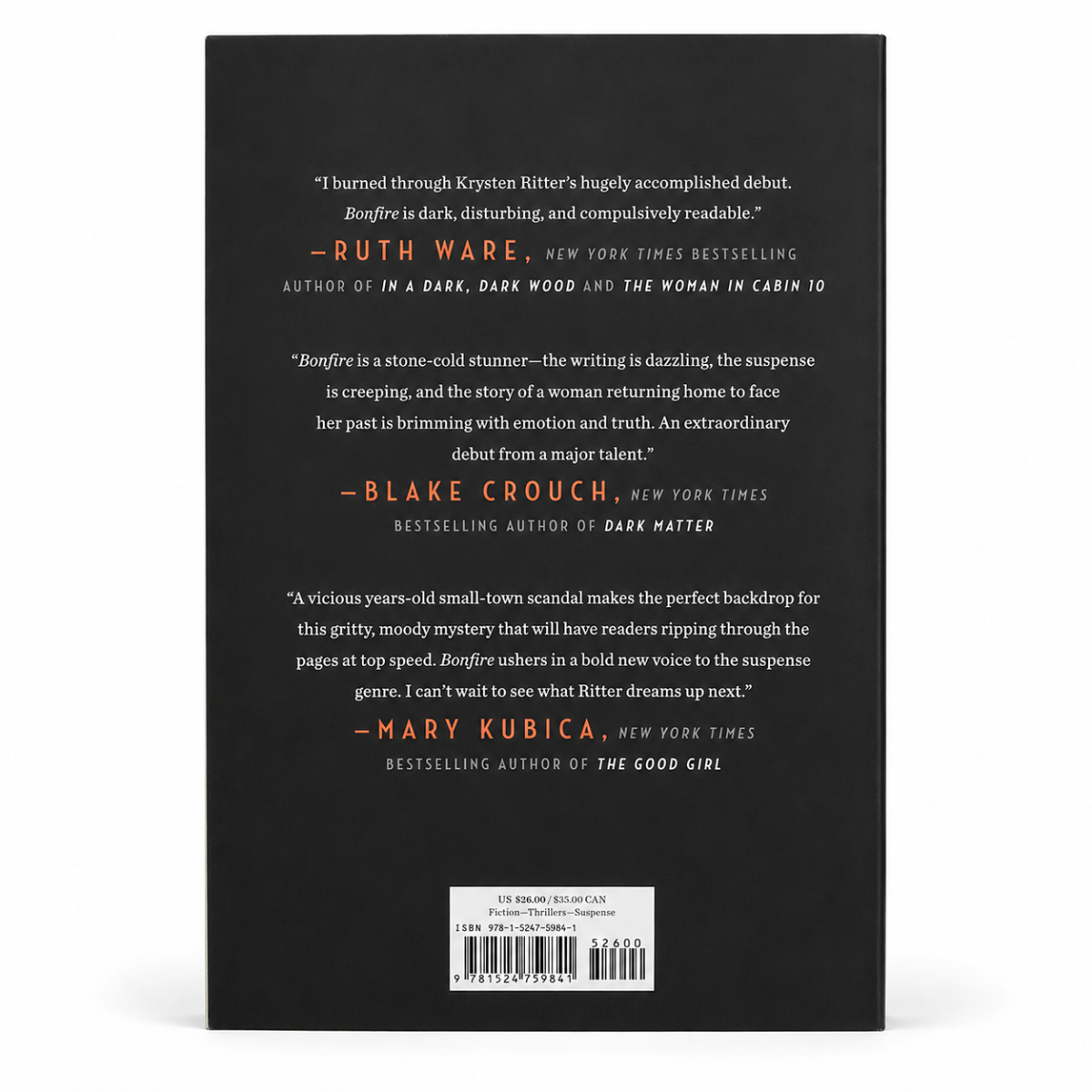 Black hardcover thriller book Bonfire by Krysten Ritter, Crown Archetype, with back-cover blurbs and ISBN barcode label