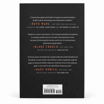 Black hardcover thriller book Bonfire by Krysten Ritter, Crown Archetype, with back-cover blurbs and ISBN barcode label