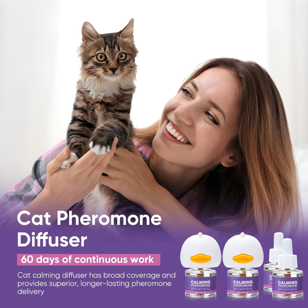 Cat Calming Pheromone Diffuser Kit – 2 Diffusers + 4 Refills (48ml) – Stress & Anxiety Relief for Cats