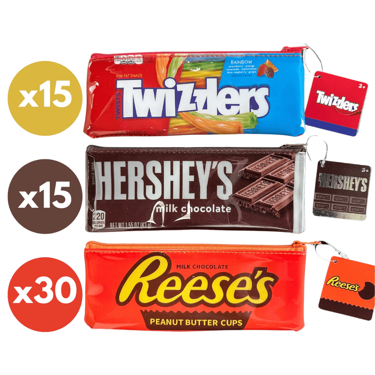 Candy themed zip pouches on a white background
