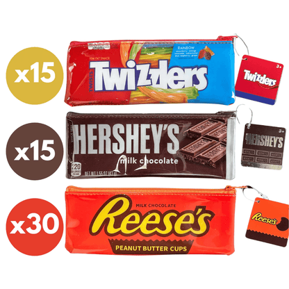 Candy themed zip pouches on a white background