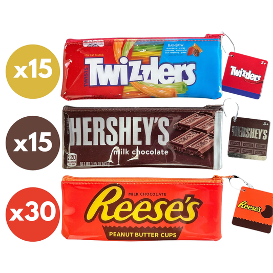 Candy themed zip pouches on a white background