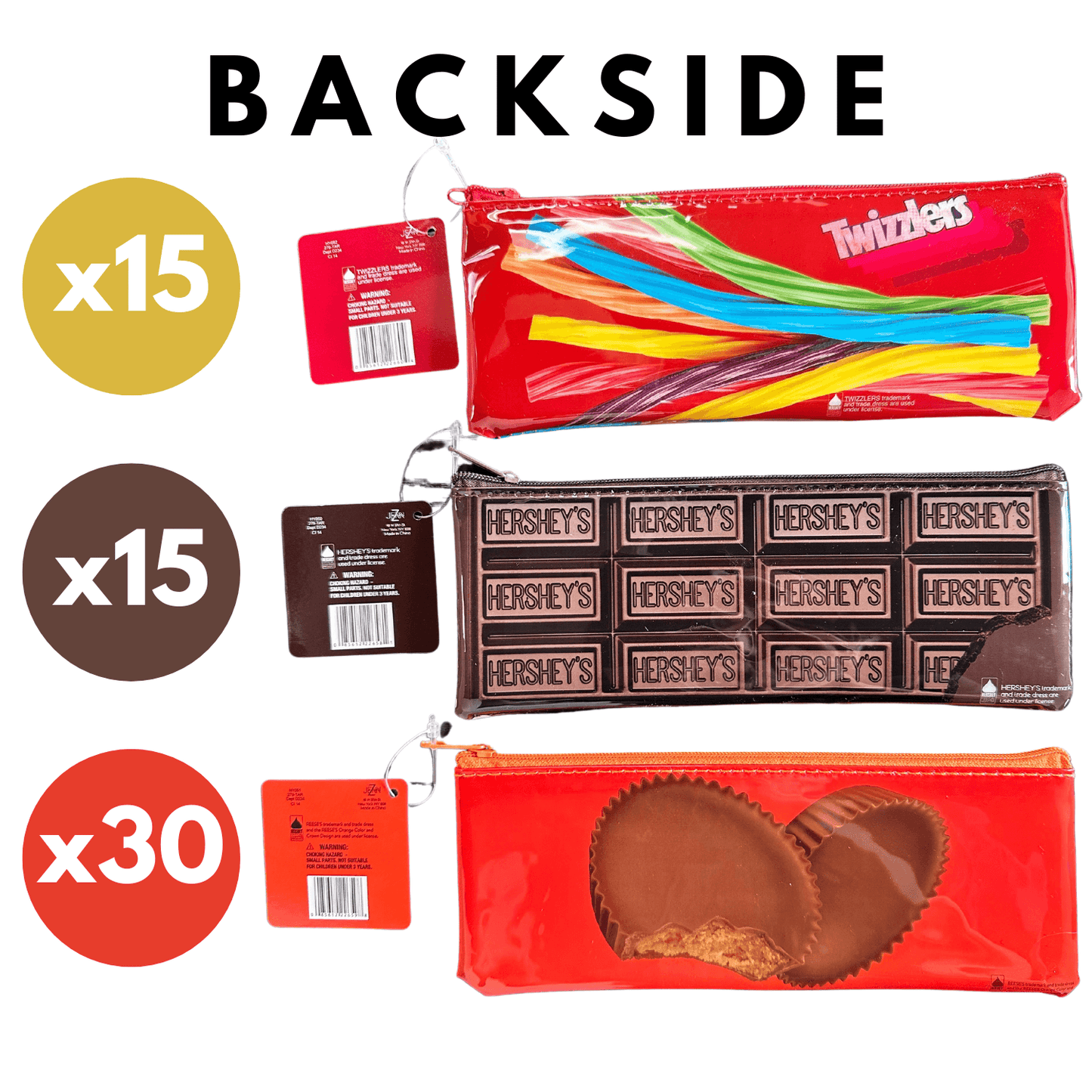 Backside view of candy themed zip pouches with quantity indicators.