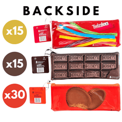 Backside view of candy themed zip pouches with quantity indicators.