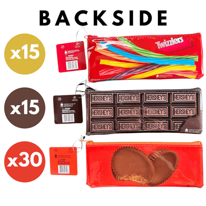 Backside view of candy themed zip pouches with quantity indicators.