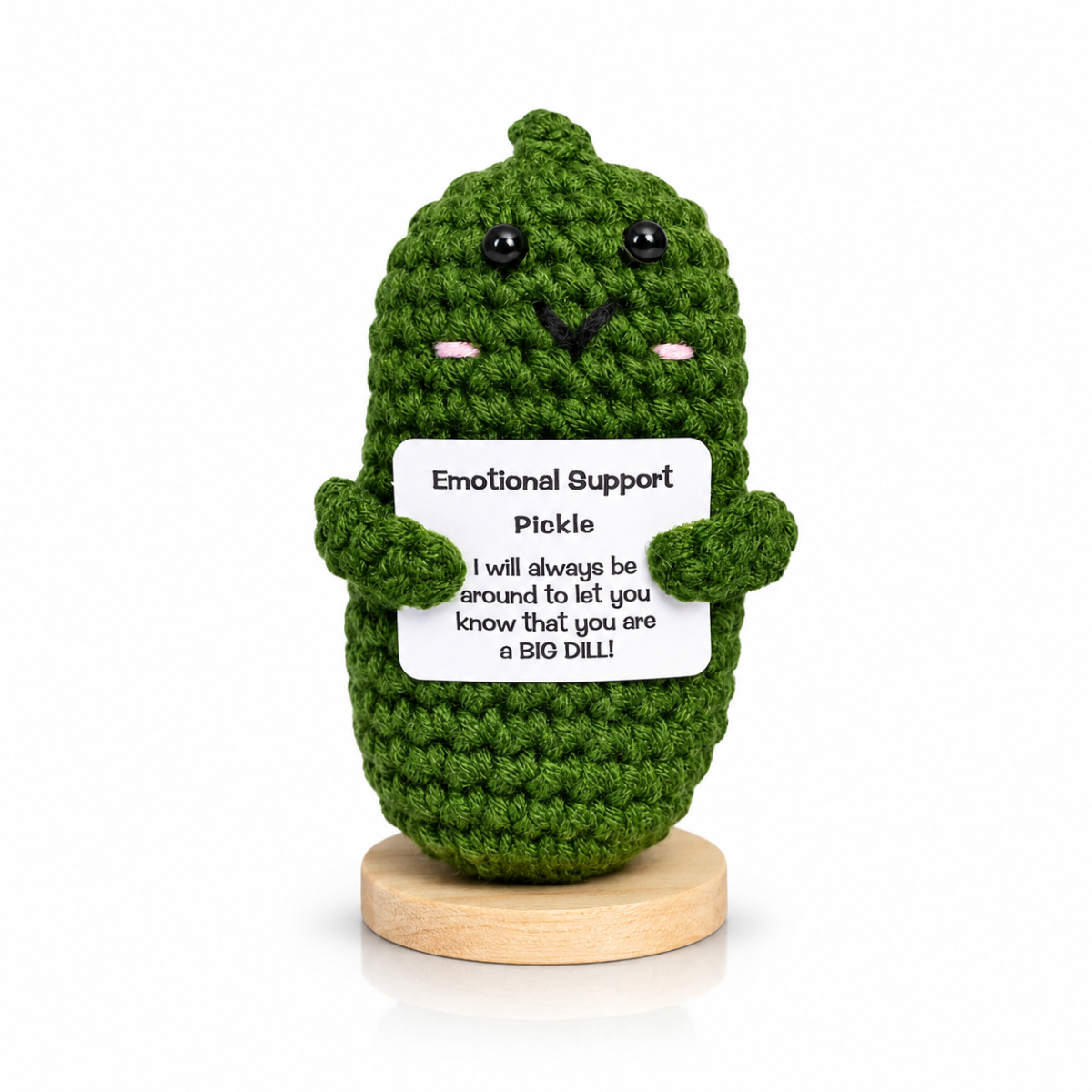 4.5 in Emotional Support Pickle plush in green crochet by Deal Seeker Collection with message card on round wooden stand