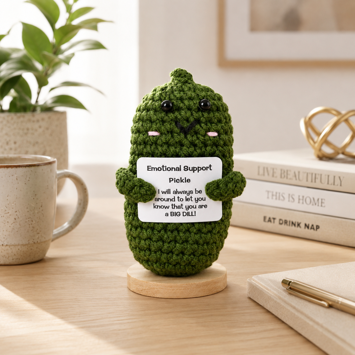Green crocheted emotional support pickle plush by Deal Seeker Collection, 4.5 inch, with Emotional Support tag label