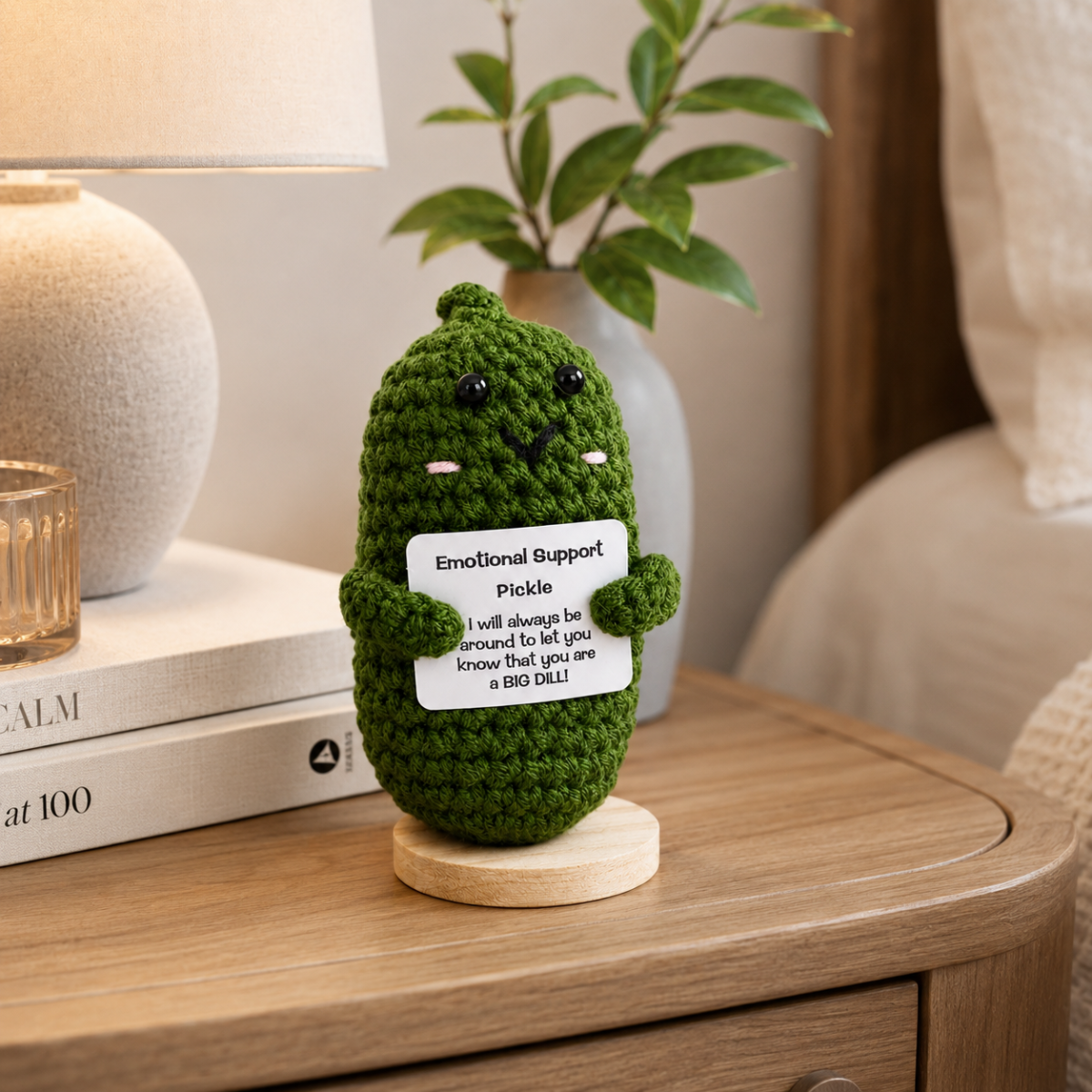 Green crocheted emotional support pickle by Deal Seeker Collection, 4.5 in, with black bead eyes and white note label