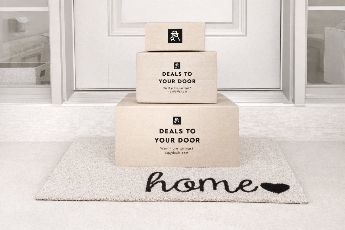 Three beige boxes with text 'Deals to your door' on a white rug with 'home' and heart design.