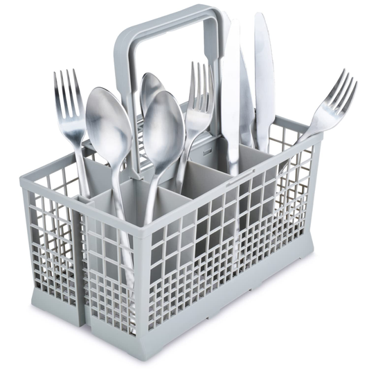 Gray dishwasher silverware rack with silver cutlery on a white background