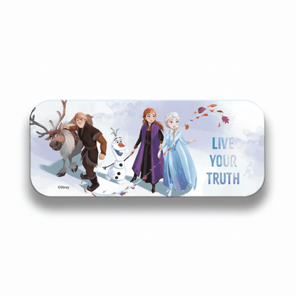 Frozen logo with Elsa, Anna, Olaf, and Sven on a giftable makeup tin