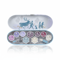 Open Disney Frozen makeup tin with lip gloss, shimmer cream, and applicators
