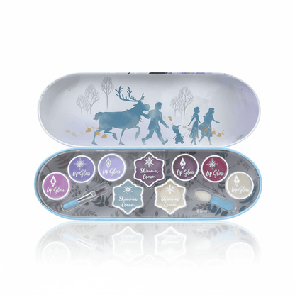 Open Disney Frozen makeup tin with lip gloss, shimmer cream, and applicators